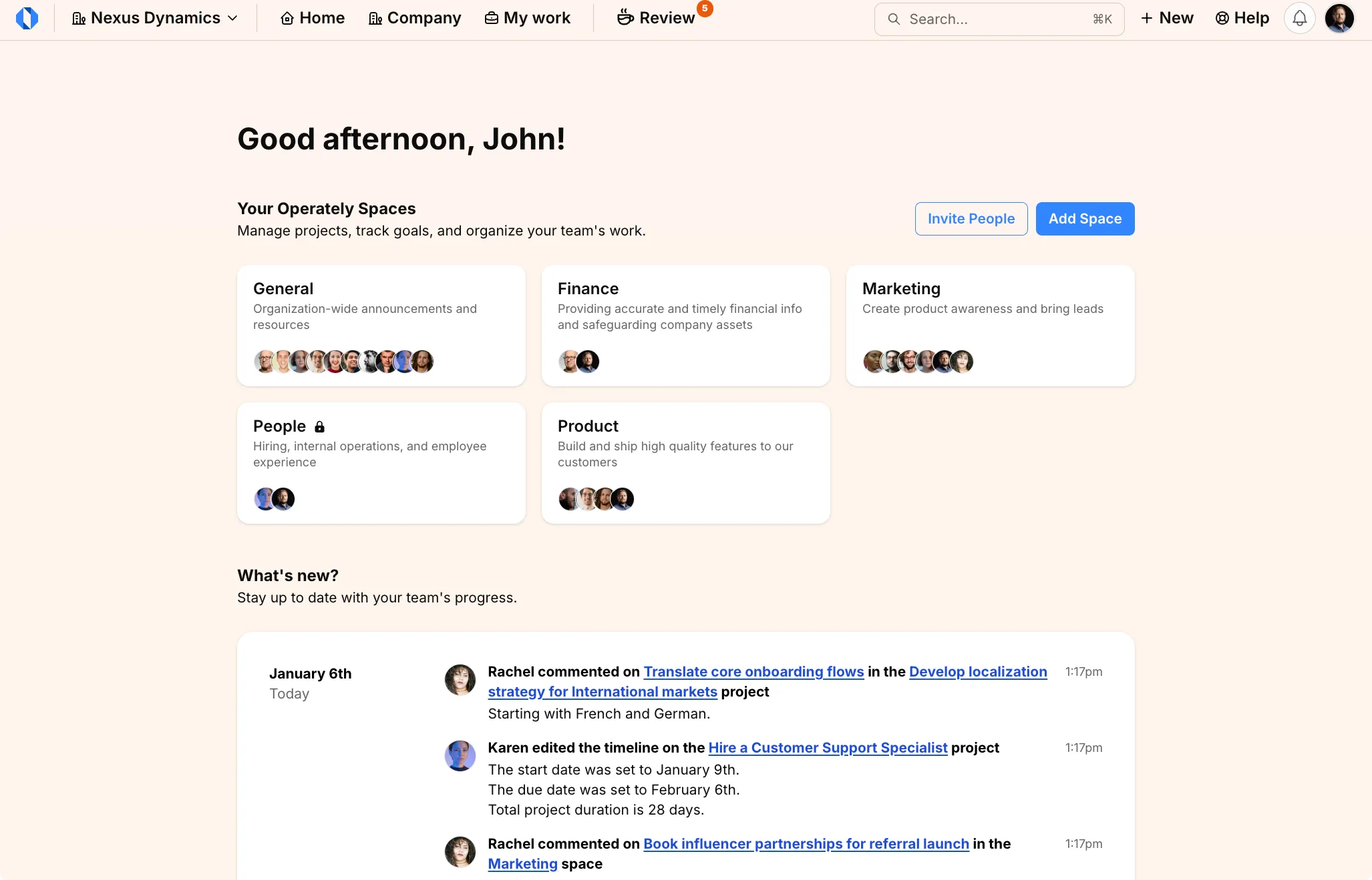 Screenshot: Home screen with spaces grid and activity feed