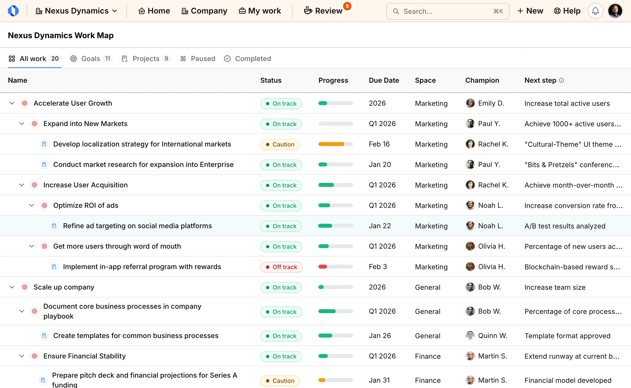 Screenshot: Expanded view of nested goals and projects